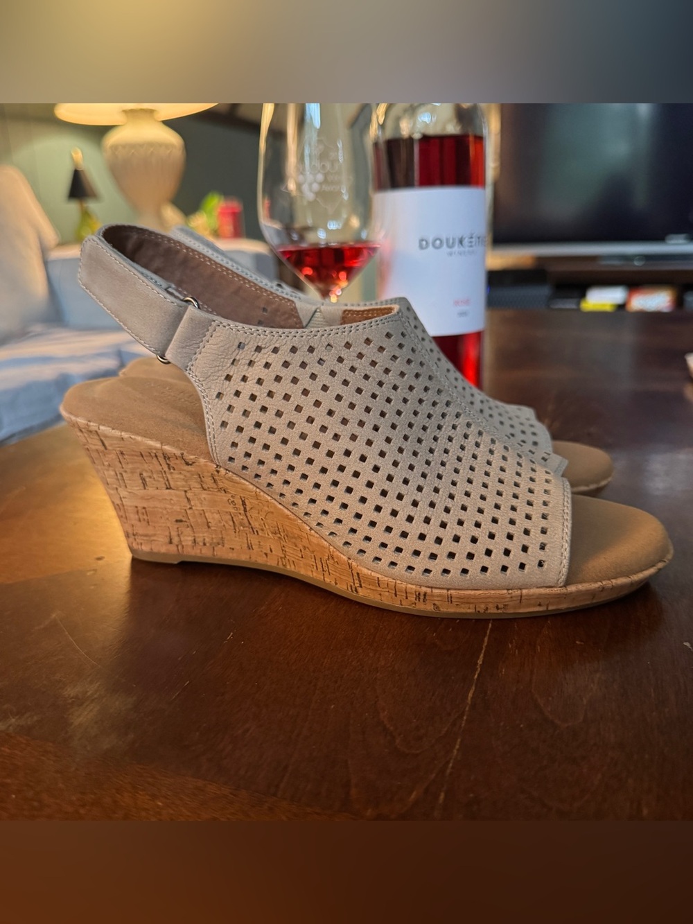 Rockport Taupe Perforated Cork Wedge Sandals